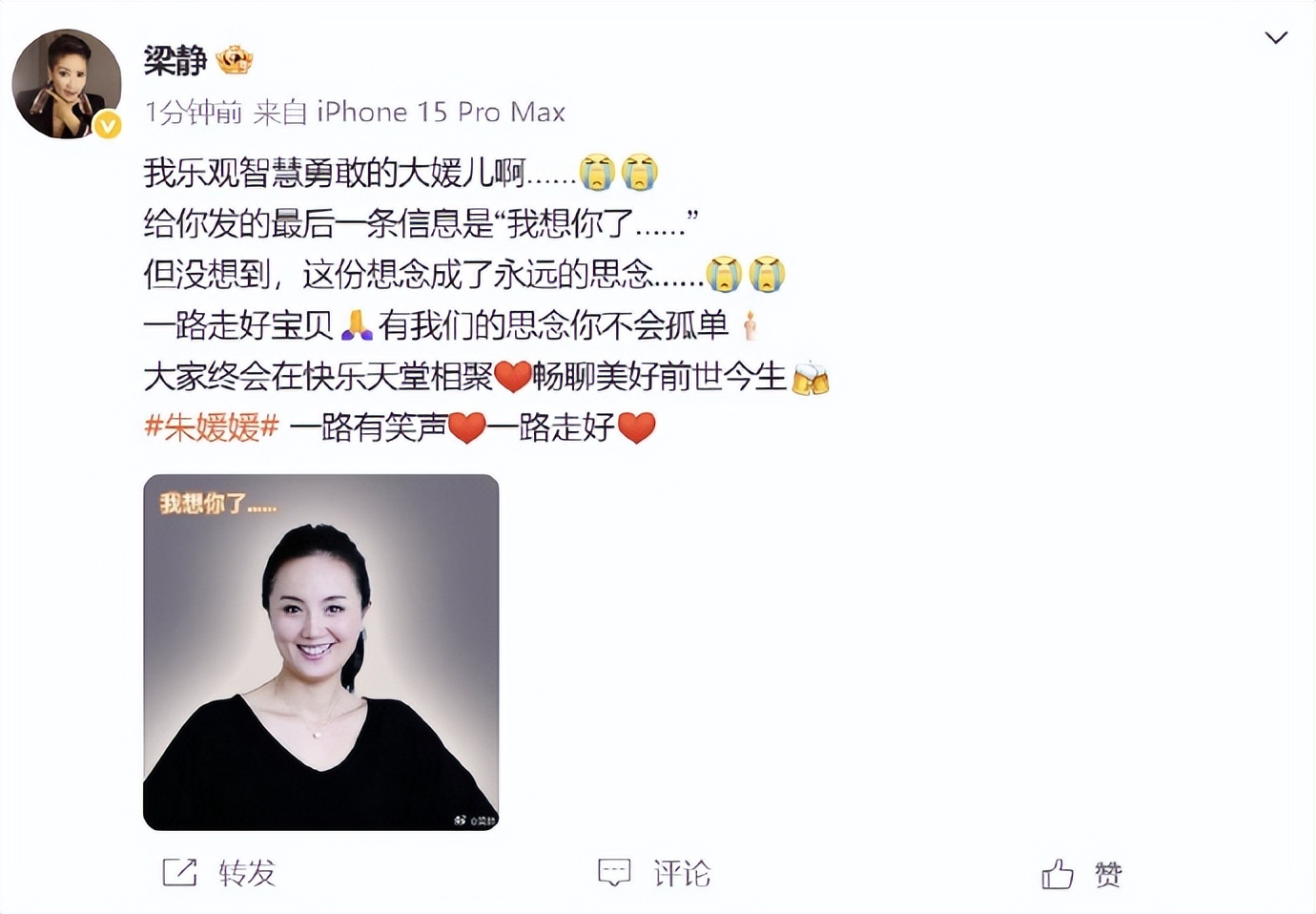众星发文悼念朱媛媛
